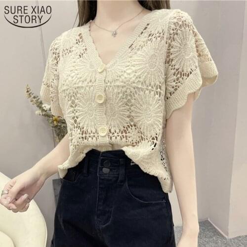 2021 New Womens Blouse Korean Style Clothes V-neck Lace Hollow Cardigan Short-sleeved Batwing Sleeve Womens Top Female 14459