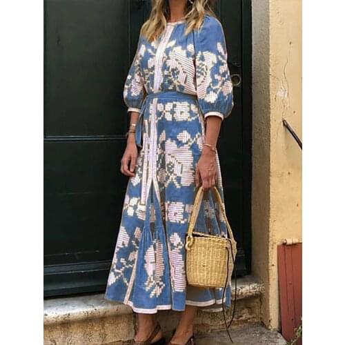 Dress 2021 O Neck Flower Print Summer Dresses For Women Fashion Long Sleeve Dress Female Casual Loose Party Dress