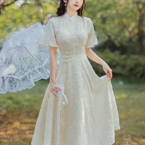 French Retro Cheongsam Improved Young Girl Chiffon Jacquard Temperament Fairy Gentle Wind Midi Dress Summer Women