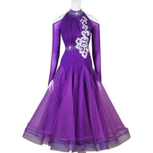 Shiny Rhinestone Long Sleeve Ballroom Dance Performance Dress Modern Standard Dance Costumes Waltz/Foxtrot Dancewear DQL3961