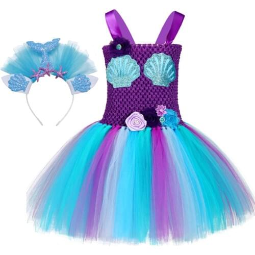 Mermaid Princess Girl Tutu Dress Purple Sea Blue Flowers Shell Toddlers Birthday Party Cartoon Costume Halloween Carnival Wear