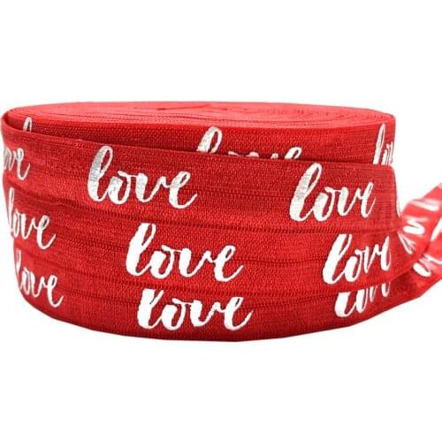 Silver foil Love Print Fold Over Elastic 5/8" Red FOE Elastic Ribbon 10 yards for Hair Tie Accessory Bracelet DIY Head wear