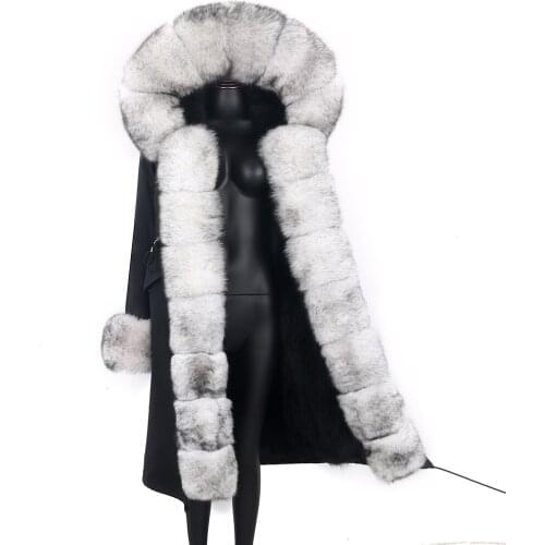 2021 Women Detachable New Natural Fox Fur Collar Real Fur Coat X-Long Winter Jacket Waterproof Outerwear