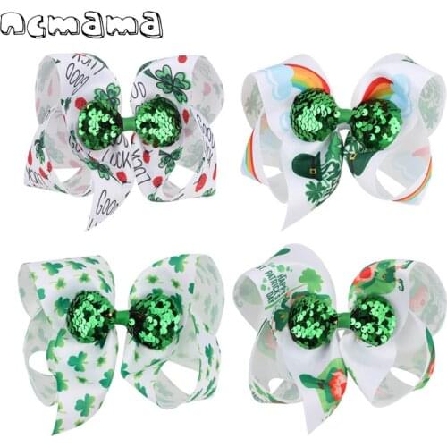 Ncmama 6" Boutique St. Patrick 's Day Hair Clips For Girls Kids Lucky Shamrock Hair Bows Cartoon Hat Hairpin Hair Accessories