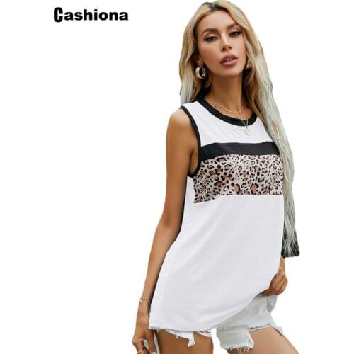 Plus size 5xl Women Elegant Leisure Casual T-shirt Sleeveless Patchwork Leopard Print Womens Top 2021 Summer Tees shirt Femme