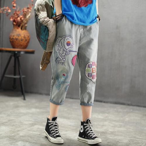 Women 2021 Spring Fashion High Waist Thin Jeans Female Retro Floral Embroidered Denim Trousers Ladies Loose Harem Pants P01