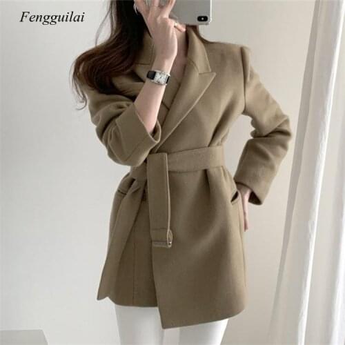 2021 Autumn Winter Women Blazers Woolen Formal Jackets Outerwear Lace Up Office Lady Wild No Quilted Tops