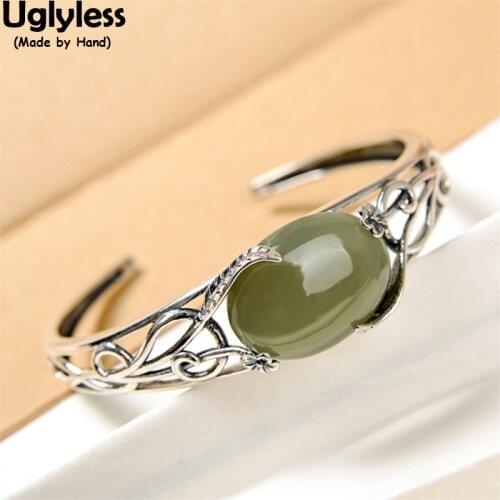 Uglyless Hollow Wide Vines Bangles for Women Nature Jade Gemstones Bangles Real 925 Sterling Silver Ethnic Vintage Jewelry Retro