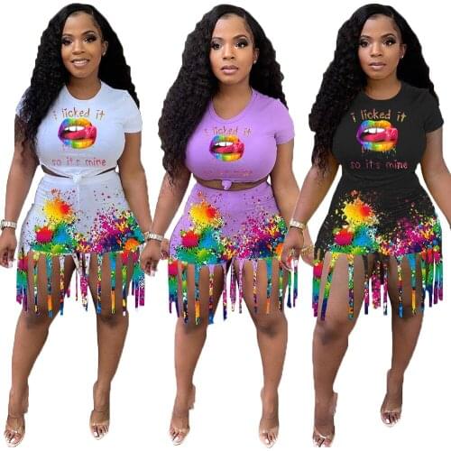 2021 FallHigh Street Letters Splashing Ink Printing Lips And Tassels Womens Short Two-piece Matching Suit Fashion