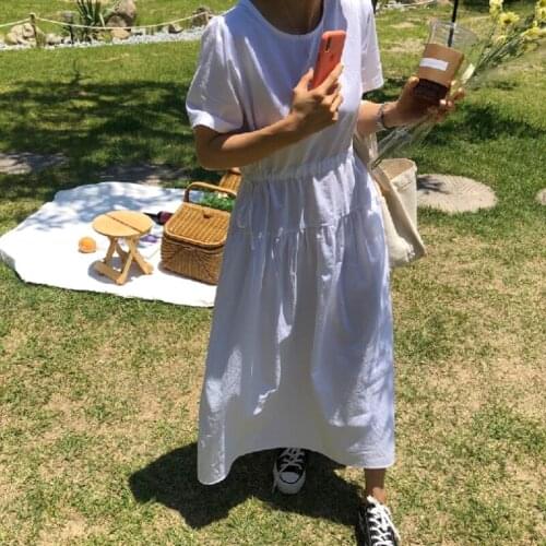 2021 Women Summer White Long Dress Round Collar Drawstring Waistbelt Slim Waist Zipper A-line Maxi Sundress