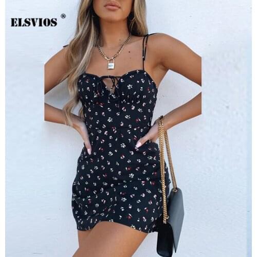 New Summer Floral Print Party Mini Dress Sexy Spaghetti Strap Backless Lace V Neck Dress 2021 Women Elegant Off Shoulder Dresses