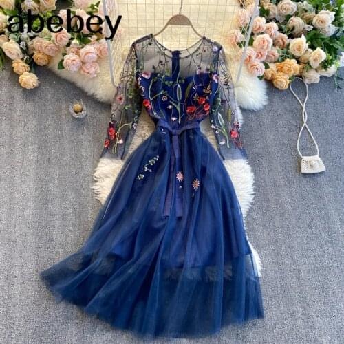 Design Mesh Embroidery Dress Women French Elegant Retro A-line Party Dresses Spring High Quality Streetwear Midi Dress