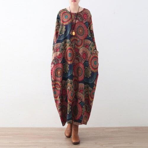 Johnature Women Print Floral Dress Vintage Thick Robe 2020 Winter New Long Sleeve O-Neck Knitted Cotton Warm Women Clothes Dress