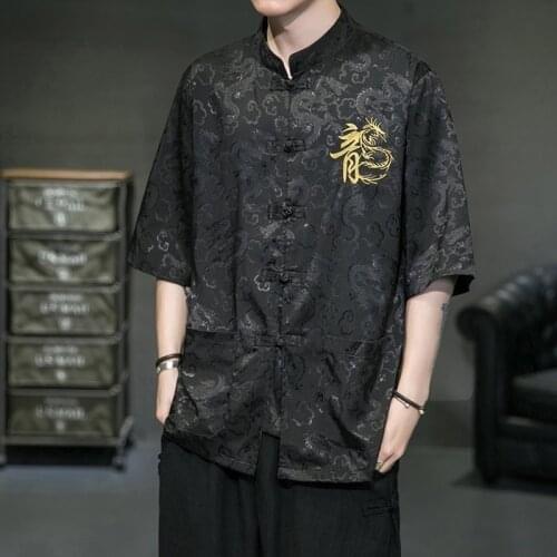2021 Summer Chinese Style Shirt Men Tang Suit Button Chinese Dragon Shirt Pirnt Streetwear Shirts Half Sleeve Men Tops KK3488
