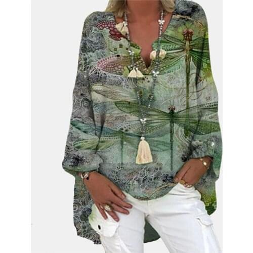 2021 New Elegant V Retro Blouse Shirt Spring Long Sleeve Loose Pullover Ladies Tops Streetwear Plus Size Printed Shirt Blusas