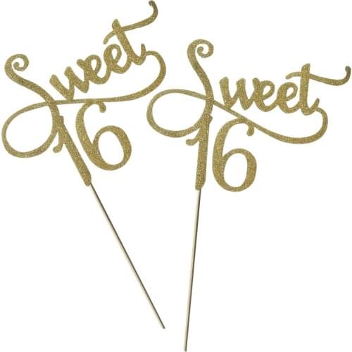 2pcs Gold Monogram Sweet 16 Cake Topper 16th Birthday Anniversary Cake Topper for Sweet 16 Party Themes Decoration Supplies (Gol