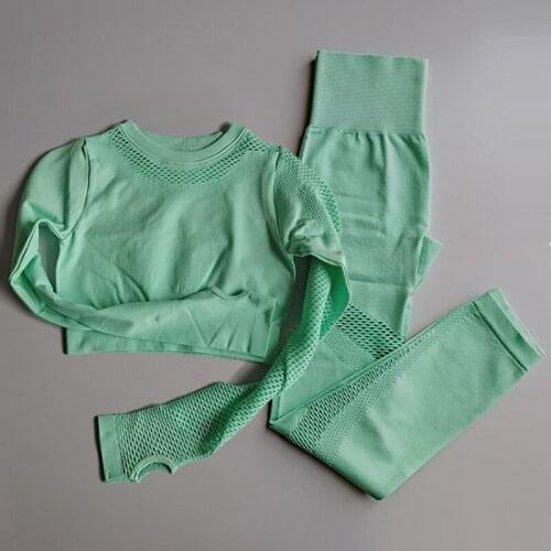 2PCS Seamless Gym Yoga Sport Suit Long Sleeve Crop Top+High Waist Fitness Leggings Tights Sportswear Gym Set Workout Clothes