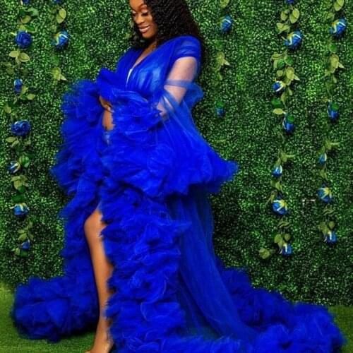 Royal Blue Long Tulle Dresses Women Extra Puffy Long Robes Formal Bridal Fluffy Tulle Maternity Robe Photo Shoot Dress