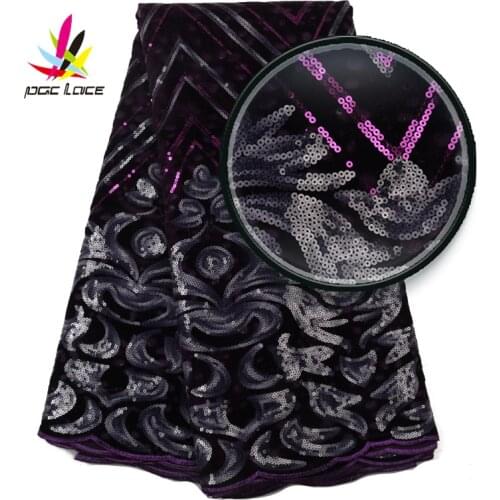 French Sequins Lace High Quality New African Luxury Purple Velvet Sequin Dress Material Embroidered Fabric Lace by The 5 Yards