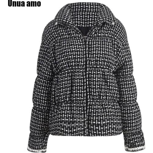 Unua amo Black White Plaid Tweed Weave Puffer Jacket Women Thick Cotton Padded Stand Collar Parkas Female Warm Winter Coats