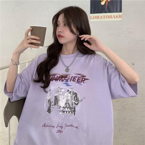 Summer new style all-match printed short-sleeved womens T-shirt loose plus size fat sister womens clothing