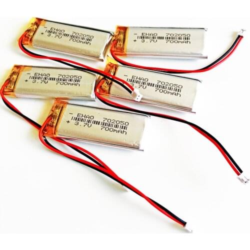 5 pcs 3.7V 700mAh lithium polymer Rechargeable lipo battery JST ZH 1.5mm 2pin for MP3 GPS DVD bluetooth recorder camera 702050