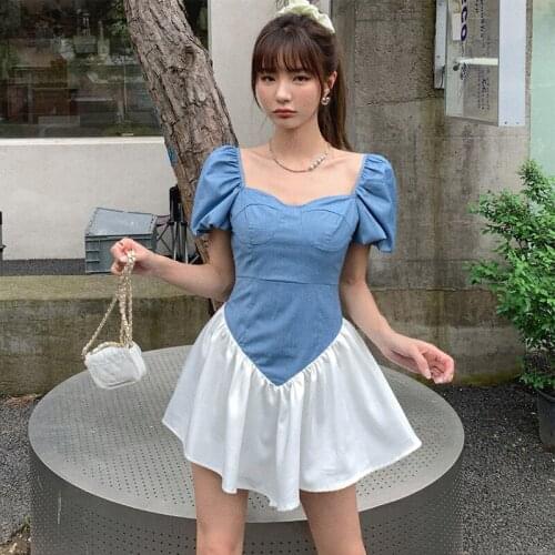 Fashion Summer Korean Retro Square Collar Lantern Sleeve Mini Party Birthday Dress Ladies Elegant Casual Sexy Beach Short Dress
