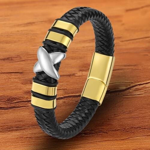 Fashion Trendy Charm Jewelry Stainless Steel Rope Genuine Leather Bracelet Men Gold Braided Hand Bangles Wholesales Accessories