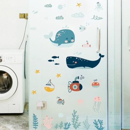 Cartoon Underwater World Wall Stickers Boy Girl Bedroom Kids Room Decor Wall Decals Bathroom Waterproof DIY Animal Sticker Mural