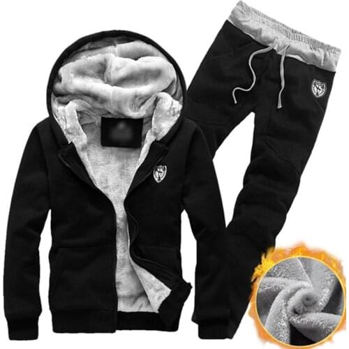 2019 Winter Thick Waist Pants Casual Men Set Men Sports Suits Tracksuit Hoodie Sportswear Zipper Fleece Hooded Jackets+Elastic