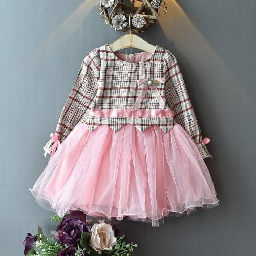 Autumn Winter 2021 New Girls Dress Long Sleeve O Neck Patchwork Plaid Mesh Skirt Cute Sweet Baby Girls Princess Dress 2-7T