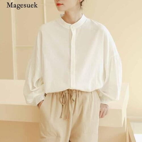 Autumn Stand-up Collar Long Lantern Sleeve Blouse Women Literary Versatile Casual Tops Solid Cardigan Shirts Blusas Mujer 11504