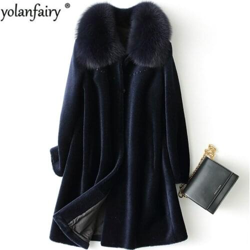 Real Fur Coat Women Clothes 2020 100% Wool Jacket Fox Fur Collar Winter Coats and Jackets Women Manteau Femme Hiver XESD1812