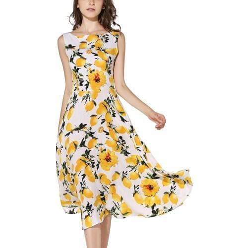 Custom-made Womens Sleeveless Boatneck Spring Summer Lemon Printed Party Garden Swing Elegant Dresses