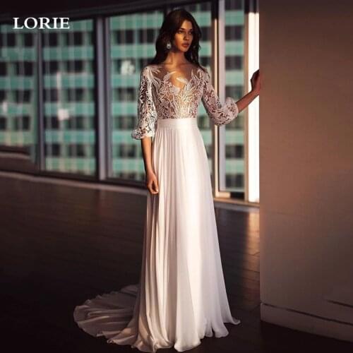 LORIE Beach Puff Sleeves Lace Wedding Dresses Chiffon Skirt A Line Boho Lace Bridal Gowns Romantic Buttons Back Wedding Gowns