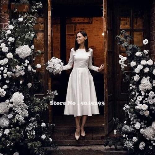 Simple Vintage Short Wedding Dress Long Sleeves Jewel Neck Button Back A Line Tea Length Bridal Gowns Robe De Mariee Online Shop