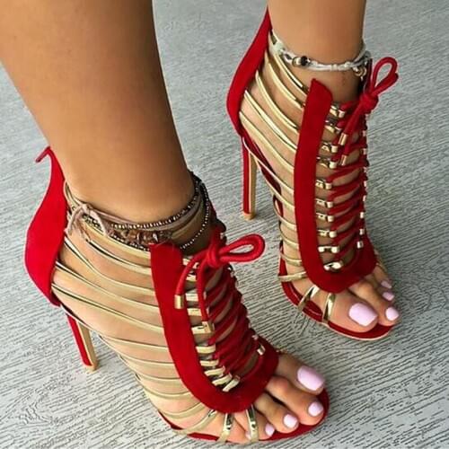 New Design Women Fashion Gold Strap Design Lace-up Cut-out High Heel Sandals Black Red Gladiator Sandals Dress Shoes