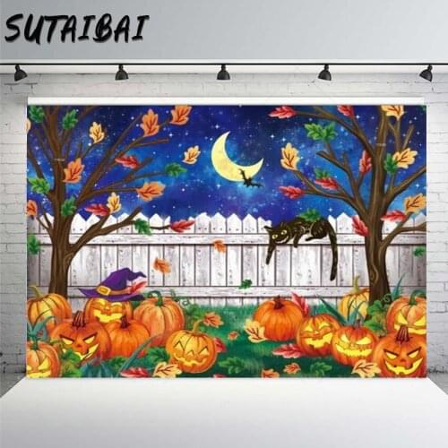 Happy Halloween Party Pumpkin Lanterns Backdrop Moon Night Stars Maple Trees Hat Cat Fence Cartoon Background Photo Shoot