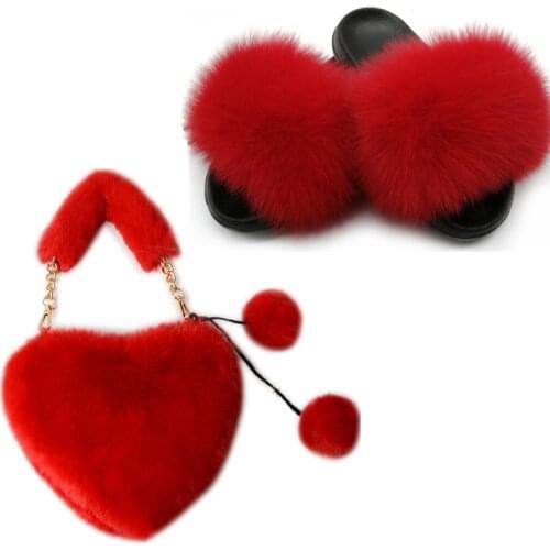 Ladies Summer Real Fox Fur Slippers Fashion Plush Fur Slippers Sweet Plush Bags Luxury Slippers women fur slides Brand slippers
