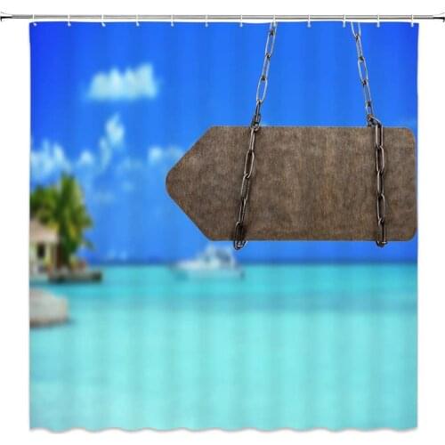 Street Sign Shower Curtains Summer Vacation Blue Ocean Theme Pattern Bathroom Decor Polyester Fabric Home Bath Supplies Curtain