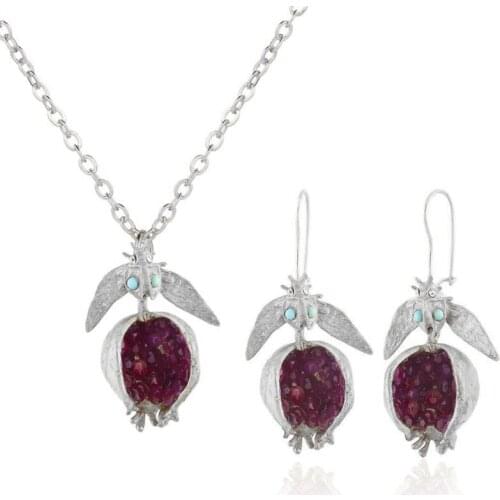 Vintage Fruit Red Pomegranate Jewelry Set Pomegranate Drop Earrings Gemstone Pomegranate Pendant Necklace for Women