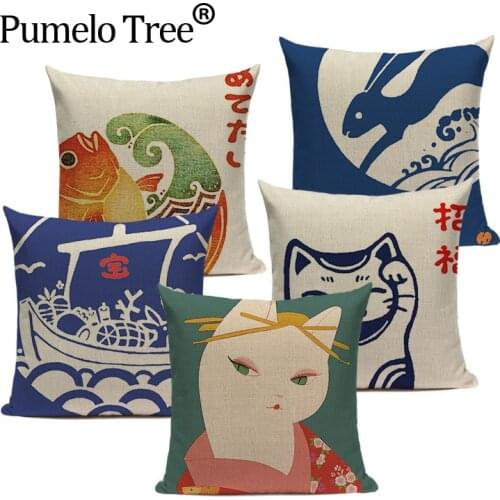 High Quality Cotton Linen Japanese Style Sofa Chinese Pattern Jin Wind And Carp Pillows 45Cmx45Cm Square Printed Pillow Cover