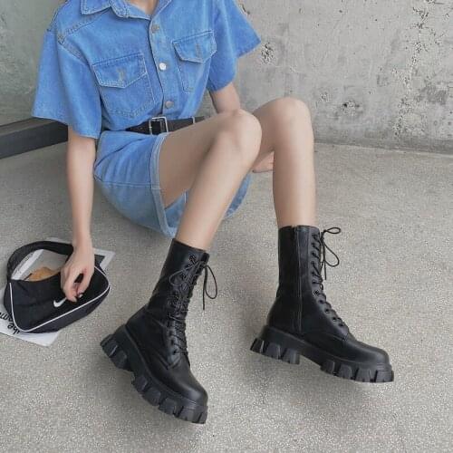 2021 Women Motorcycle Boots Wedges Flat Shoes Woman High Heel Platform PU Leather Boots Lace Up Women Shoes Black Boots Girls