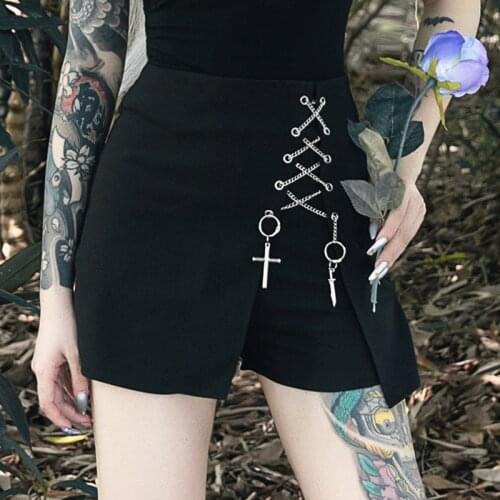 Womens Shorts Y2K Black Dark Goth Skirt Shorts Punk Irregular Culottes Capris 2021 Zipper Eyelet Metal Cross Decoration Shorts