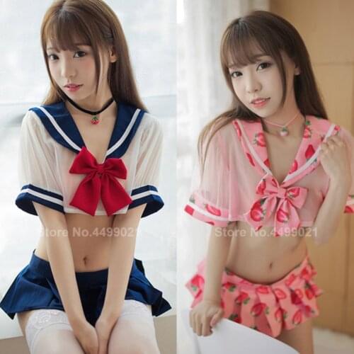 2020 Women Tops+skirt Clothing Sets Japanese Sexy JK Suit Cute Student Girls School Uniform Transparente Lace Mini Vest Lingerie