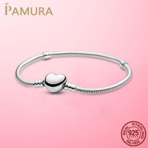 TOP Selling 925 Sterling Silver Heart Clasp Snake Chain Charm Beads Bracelet For Women Fashion DIY Jewelry