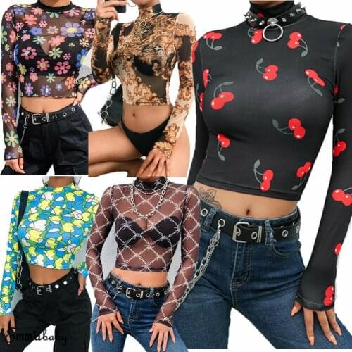 2020 Women Sexy See through Swim Crop Top Cover Up Lady Girls Lace Mesh Sheer Long Sleeve Shirt T-shirt Tee Clothing