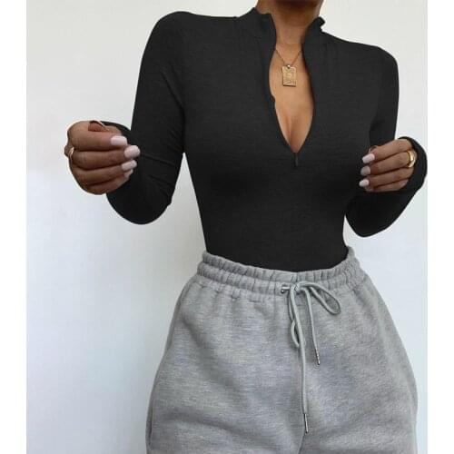 Women Sexy Slim Milk Silk Fabric Bodysuit Solid Color Long Sleeve Zipper Collar Elastic Skinny Romper One-piece Tight Suit