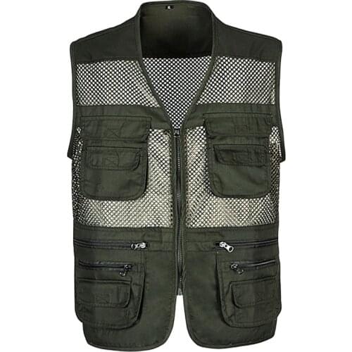 New Casual Loose Cotton Men Vest V-Neck Mesh Zipper Sleeveless Mens Jacket Spring Summer Male Vest With Many Pockets