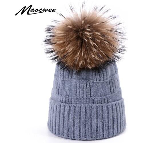 Winter Warm Beanie Hats Women Knitted Hat With Real Fur PomPom Ball Soft Knitting Gorras Caps Ladies Solid Color Bonnet Beanies